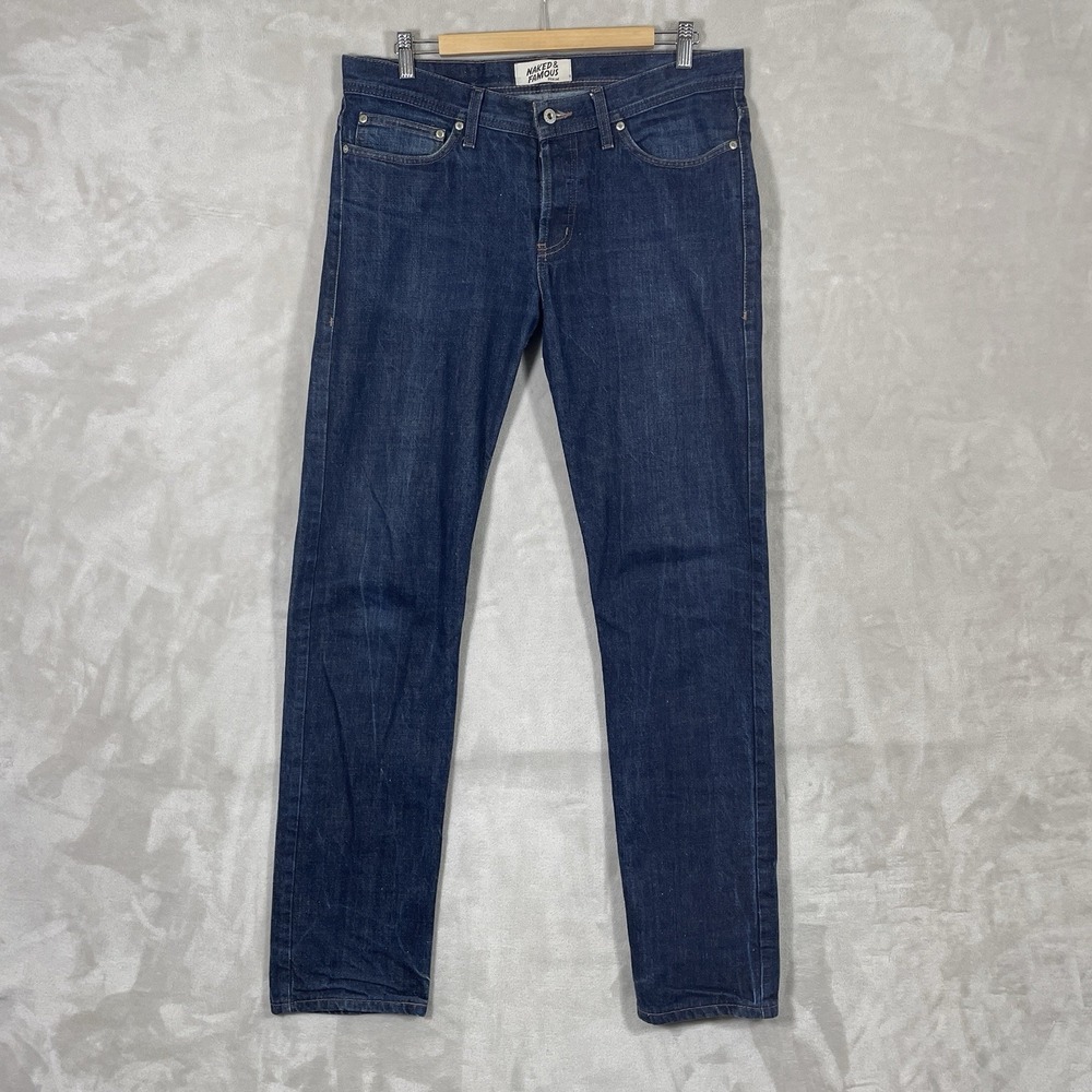 Naked & Famous Jeans Mens 34 (fit 36x33) Raw Dark Denim Button Fly Non-Selvedge